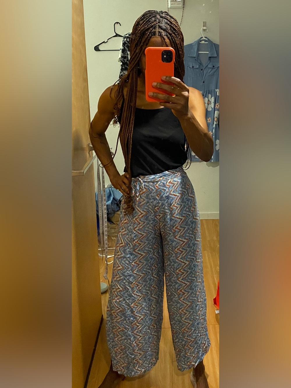 Boho Wide-Leg Zigzag Print wrap Pants in Blue & Brown